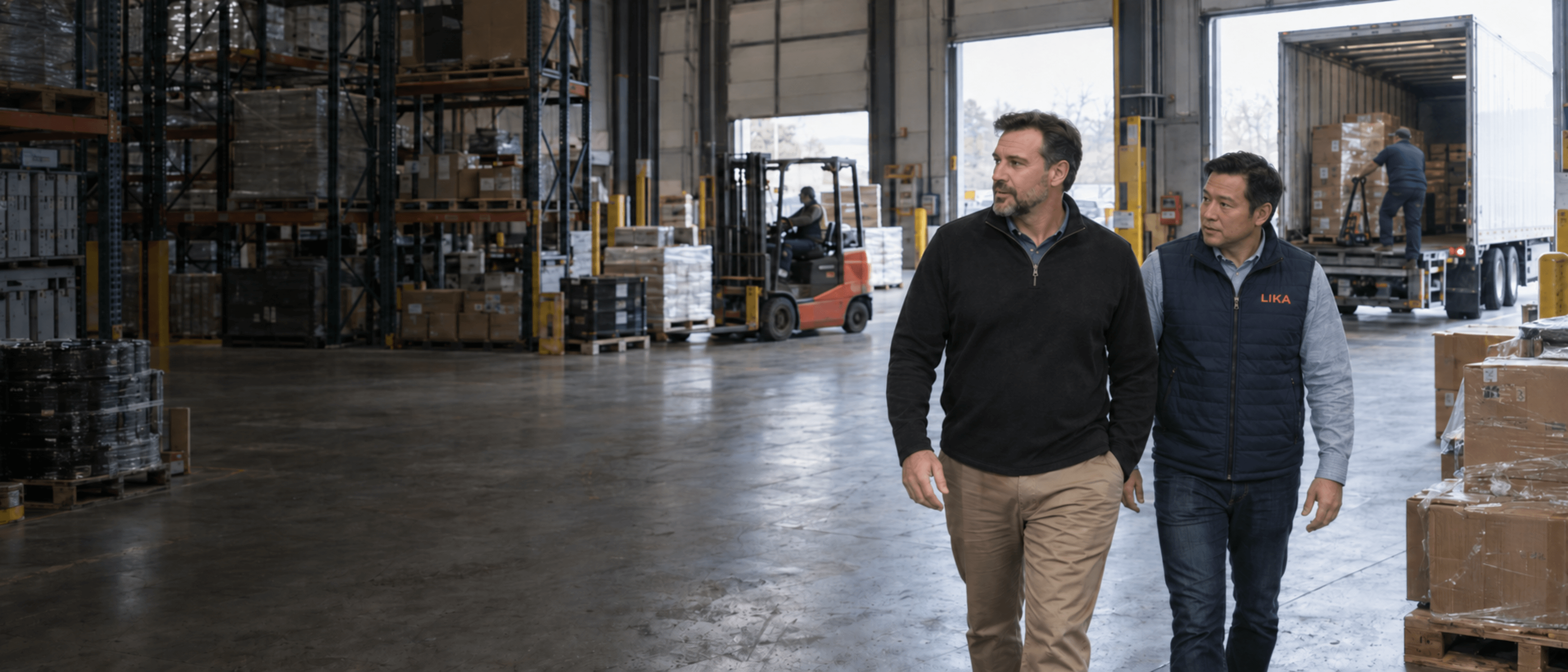 A distributor leads a LIKA representative through an active warehouse with inbound and outbound shipments