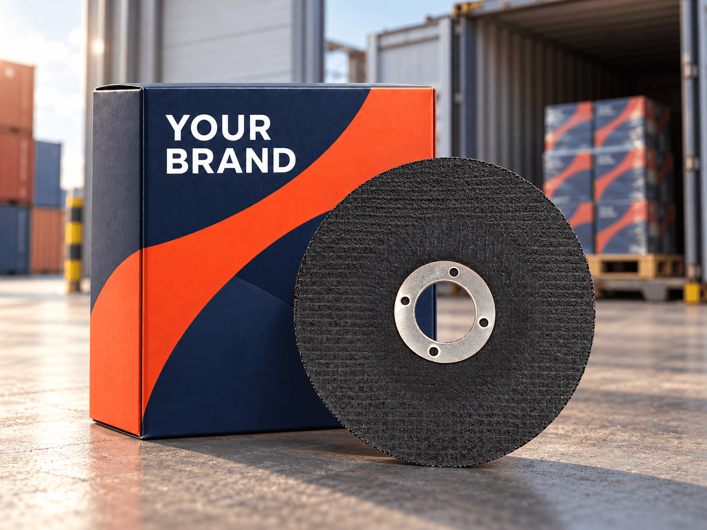 A grinding disc, Your Brand package, and palletised boxes ready for container loading
