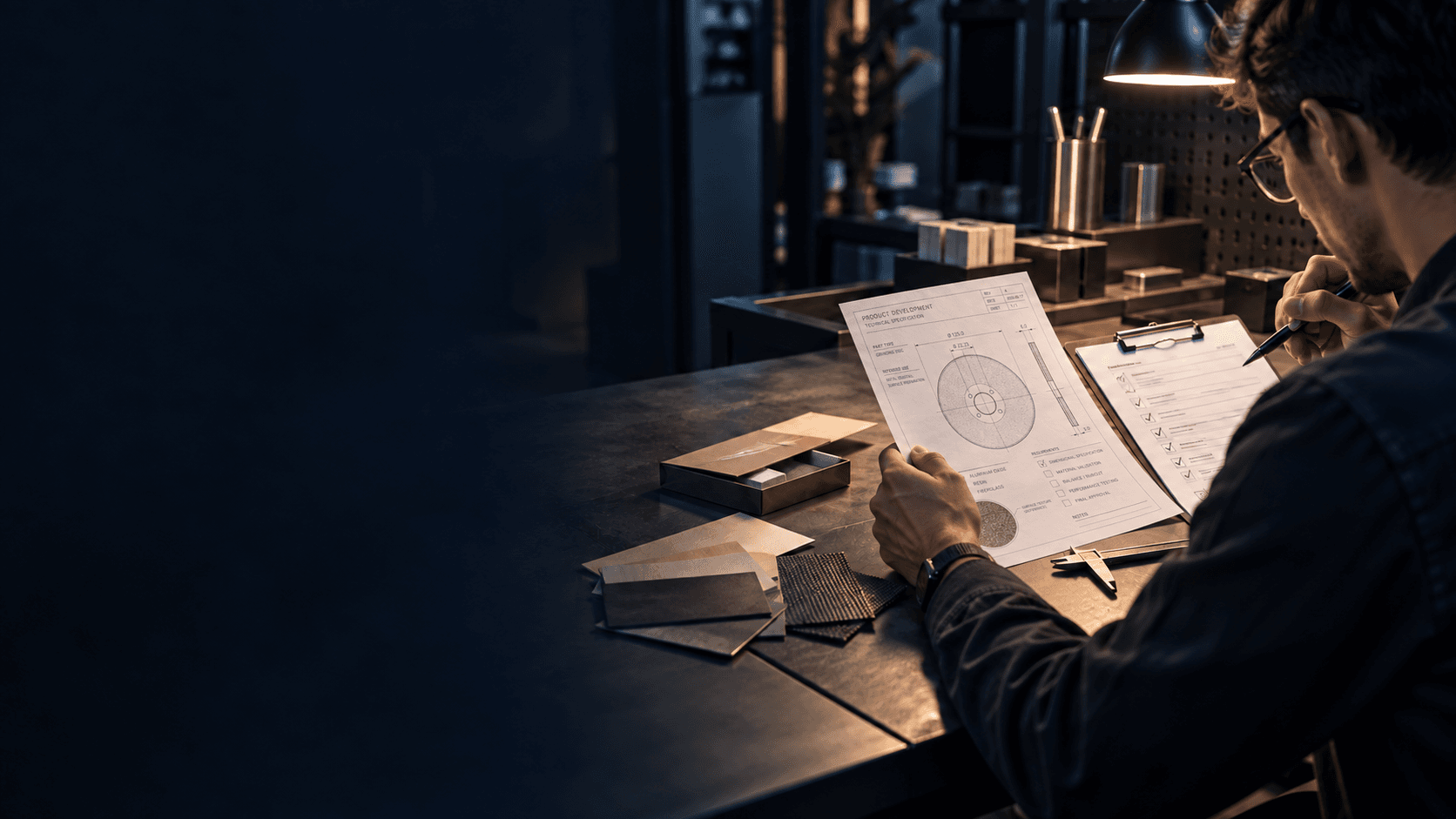Product specialist reviewing a grinding-disc technical specification, sample materials, and assessment checklist